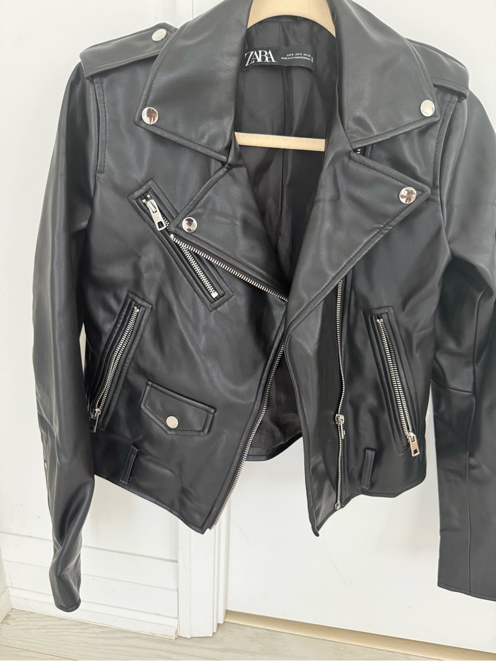 Zara Black Faux Leather Biker Jacket with Silver Hardware